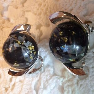 Cosmic Confetti Vintage Clip Earrings Silver Tone 70s Acrylic or Lucite Glitter
